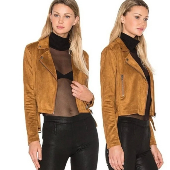 Lovers + Friends Faux Suede Cognac Semi Crop Moto Jacket - Picture 1 of 9